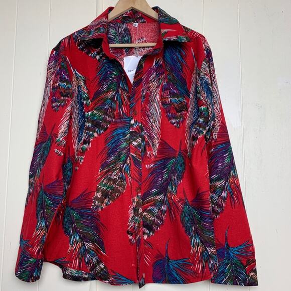 Red Linen Feather Print Bitton Up Blouse Women’s Size Medium - Picture 7 of 7